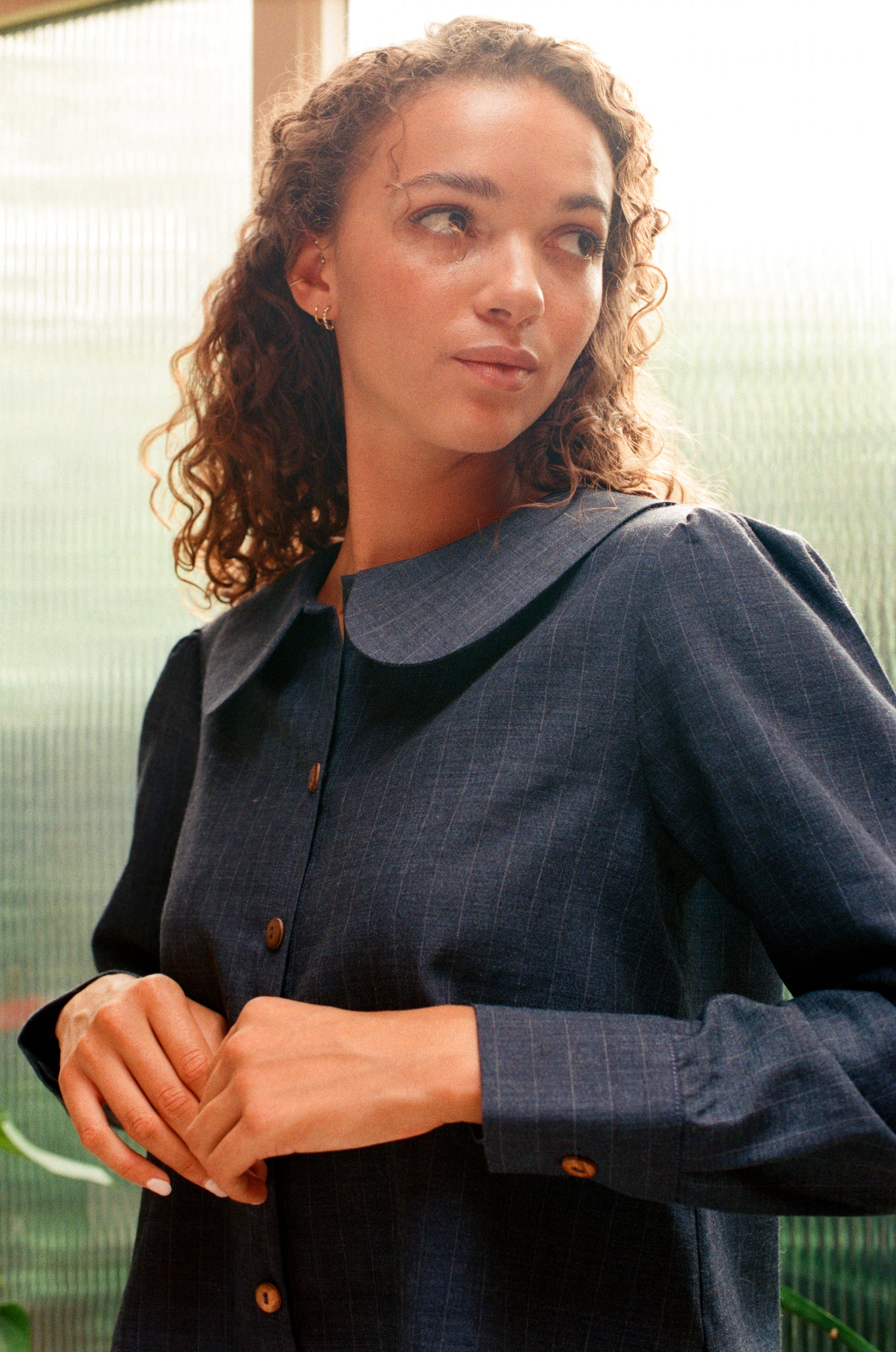 Claudine Wool Linen Overshirt - Navy Pinstripe