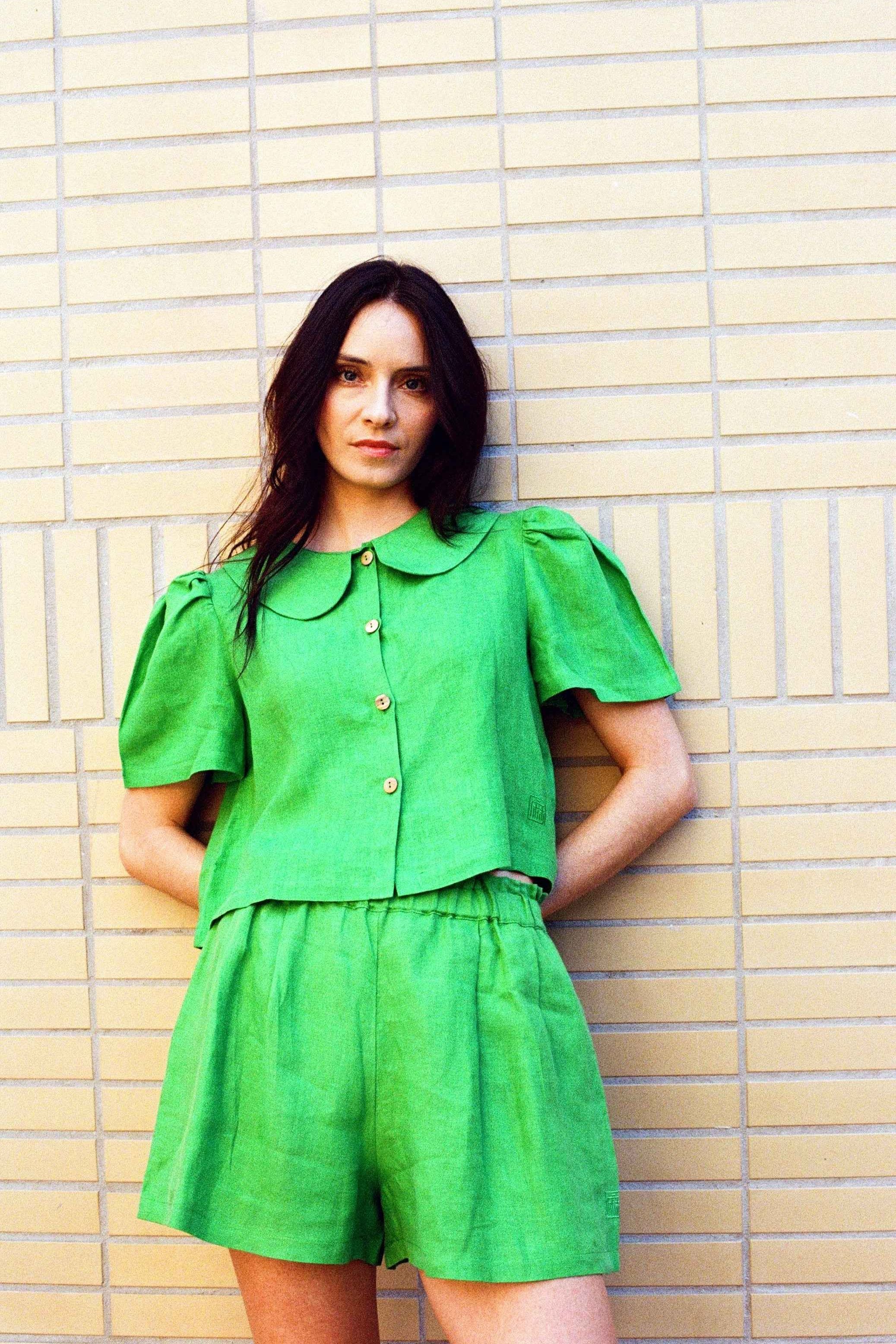 Frances Linen Cropped Blouse - Jade