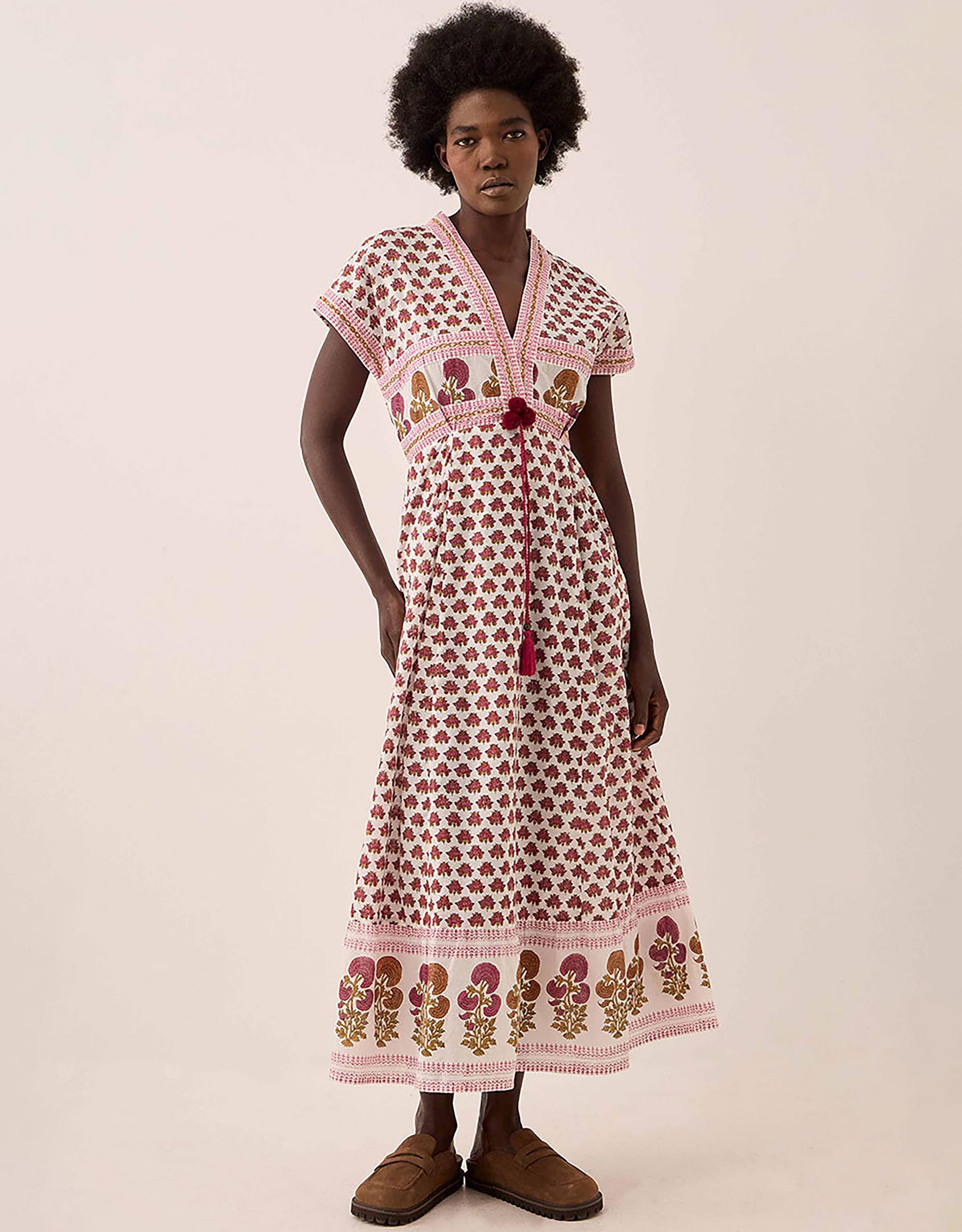 Karmen Hand Woodblock Cotton Dress Pink