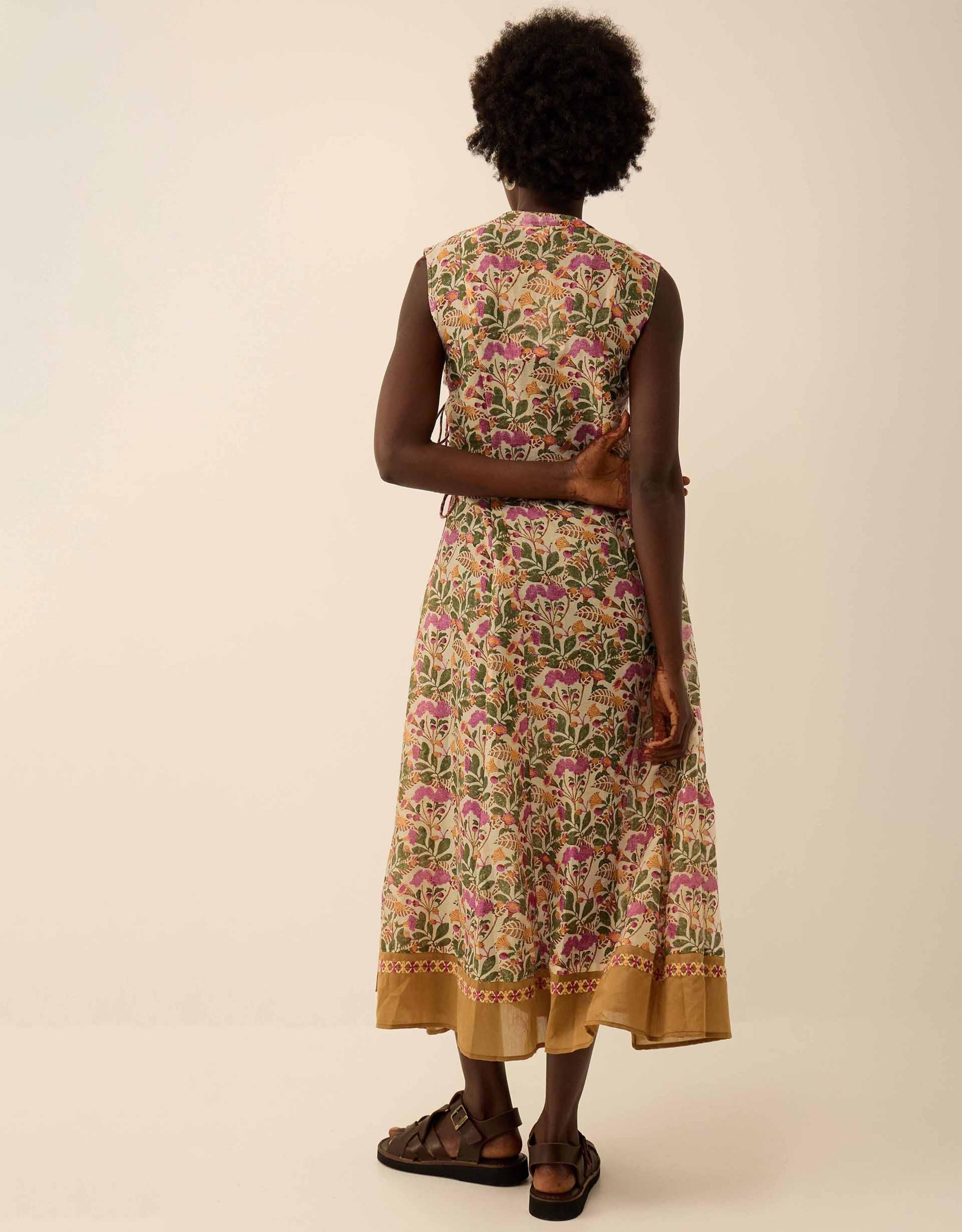 Aurelie Hand-Woodblock Botanical Print Dress Multi