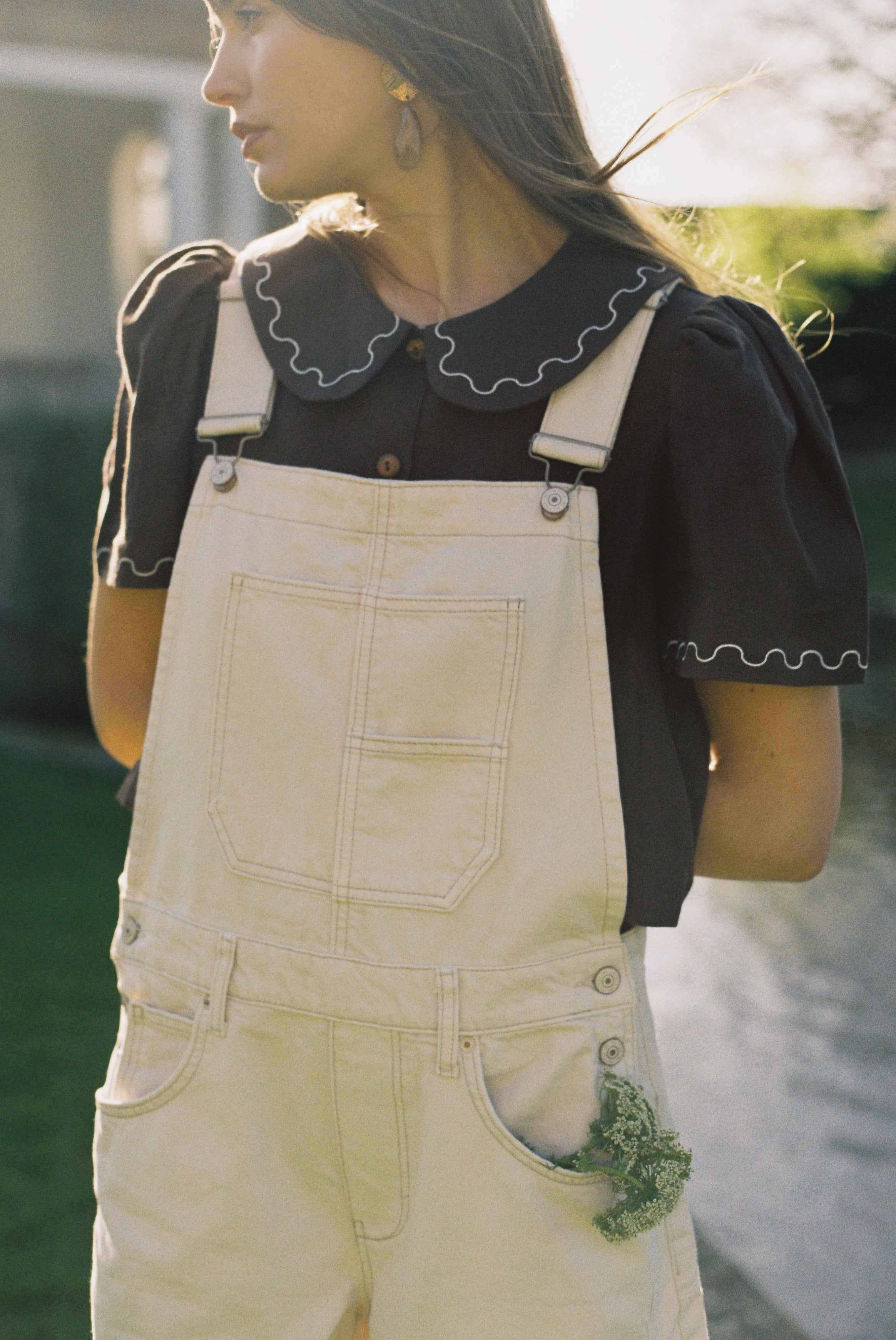 Frances Linen Cropped Blouse with Embroidered Trims - Chocolate