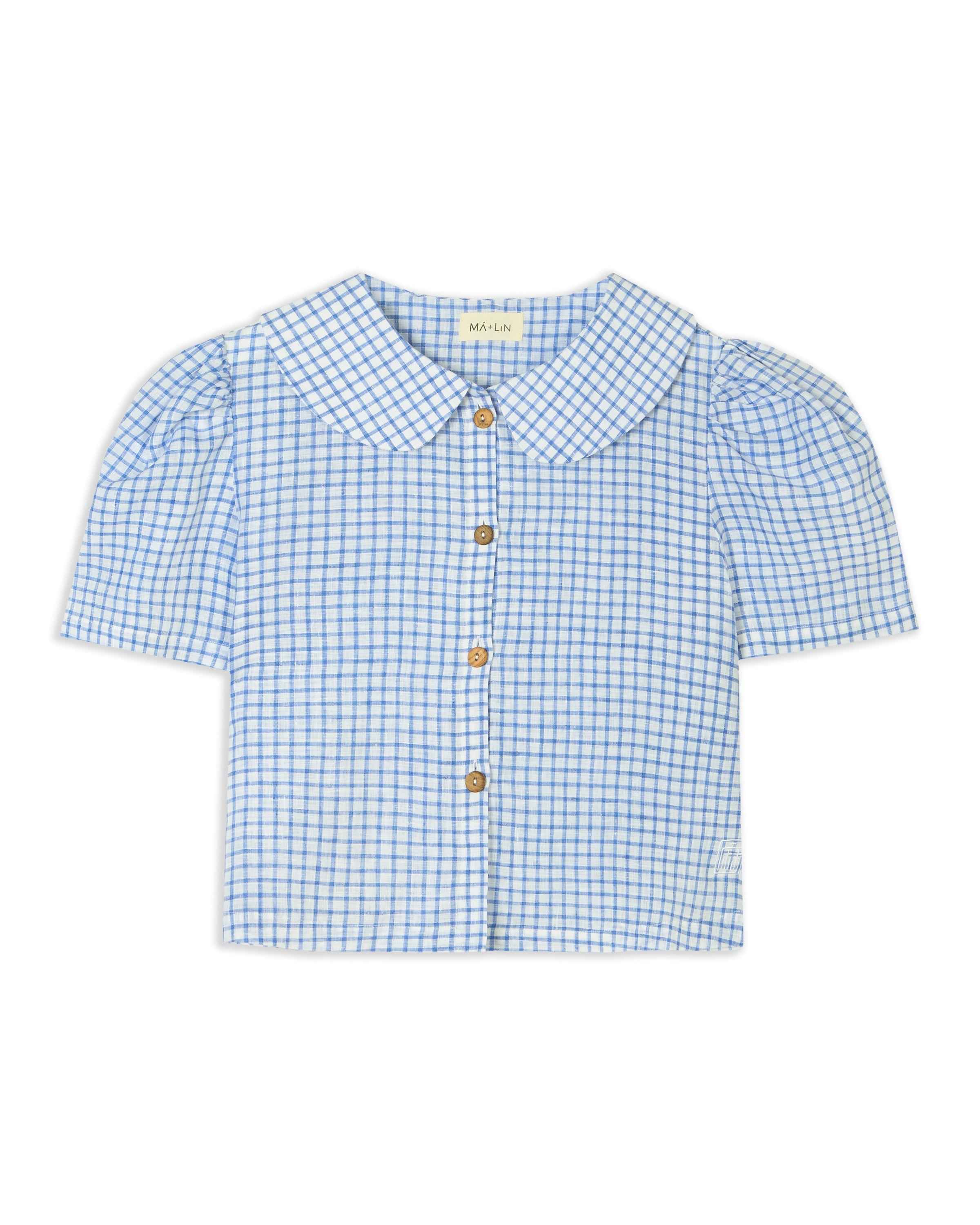 Frances Linen Cropped Blouse - Royal Blue Gingham