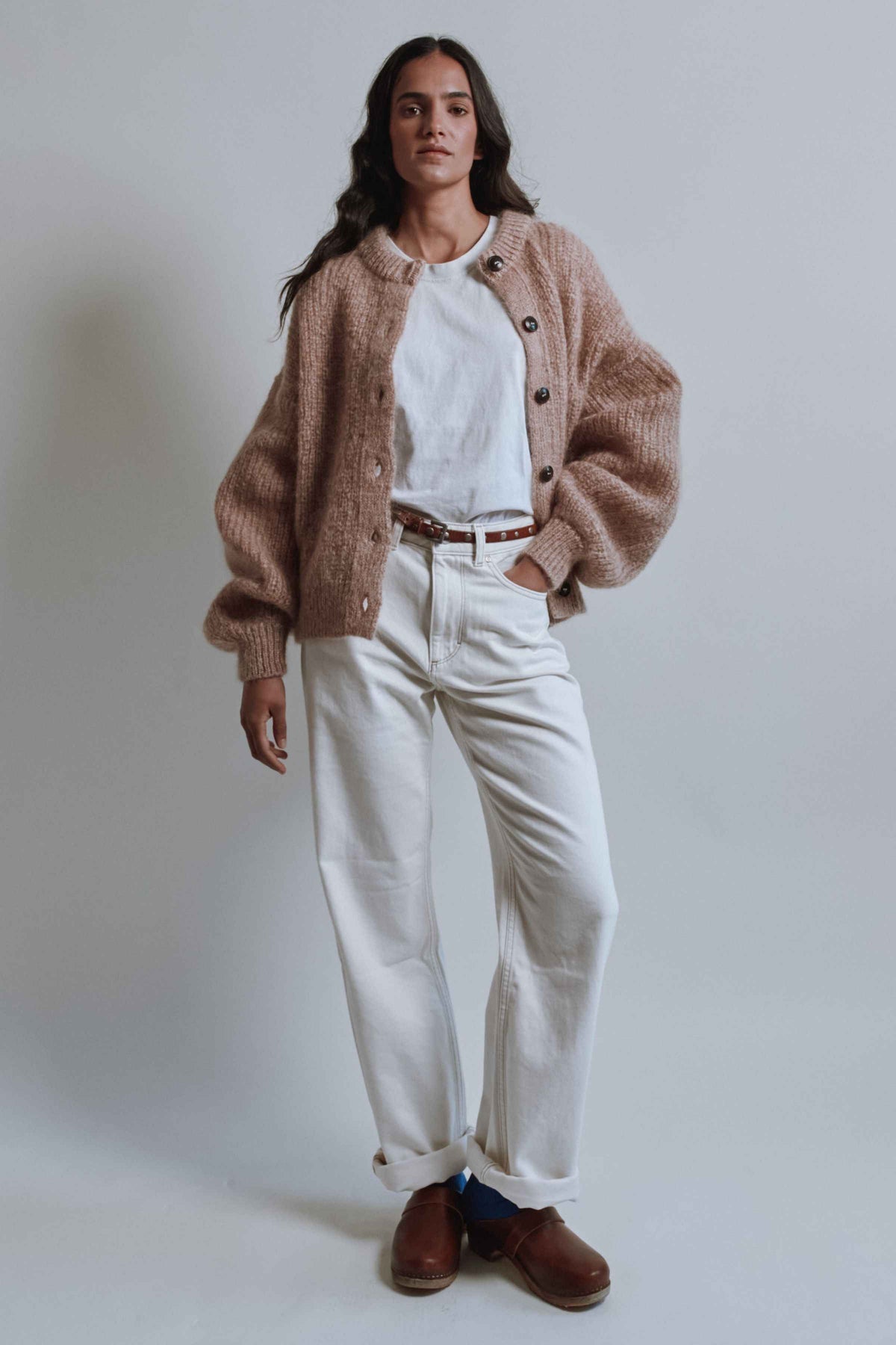 DIANA Balloon-Sleeve Cardigan in Mohair Wool - Light Pink