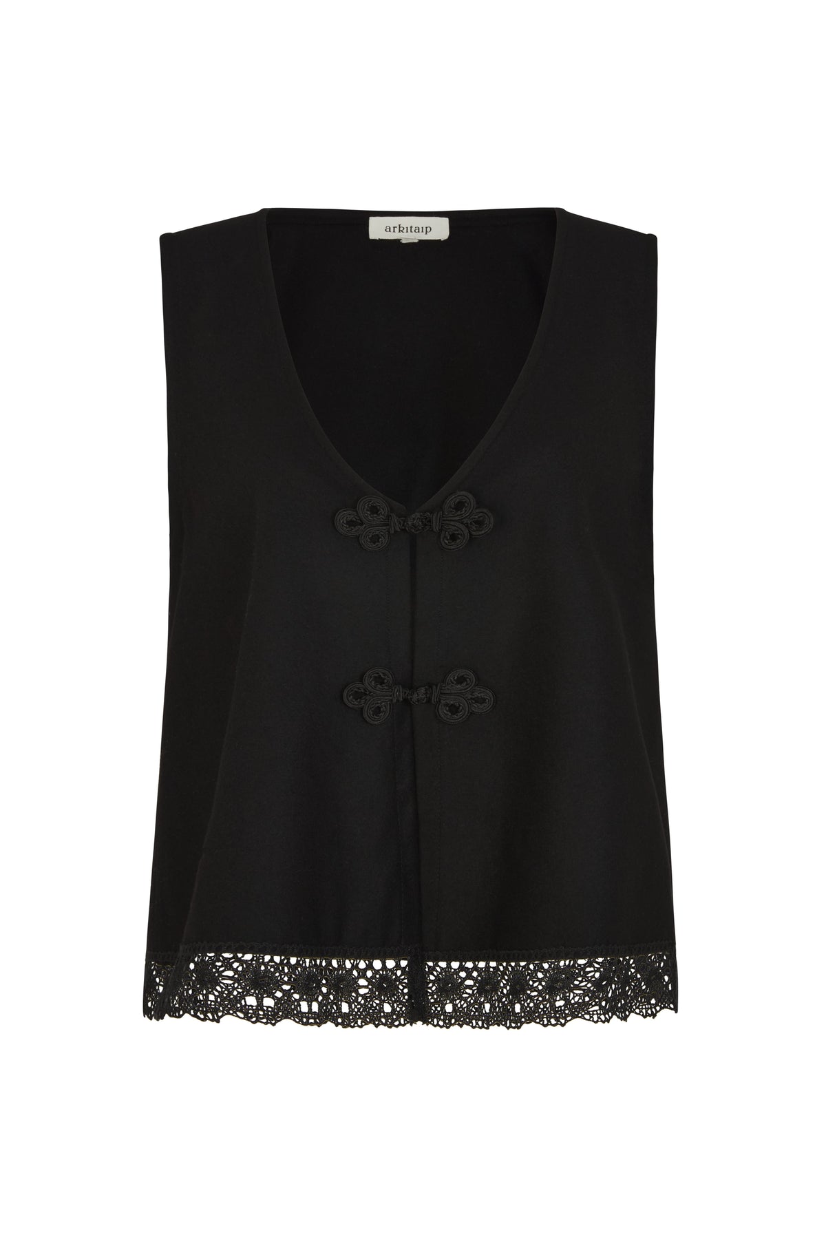 The Marie Sleeveless Wool Vest in black with lace trim