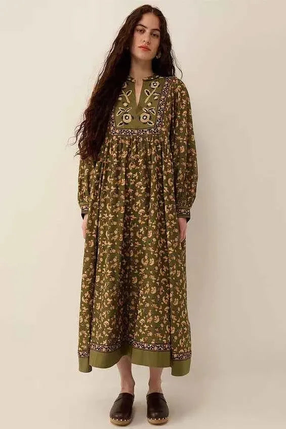 Darney Floral Print Embroidered Dress Green