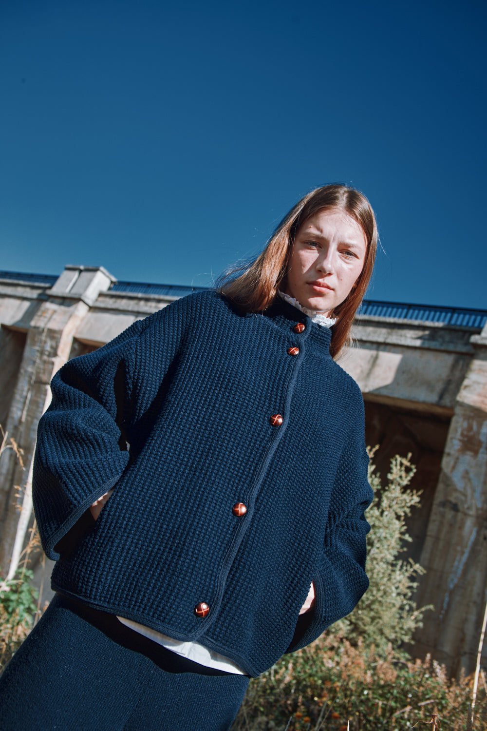 DELPHINE Bell-Sleeve Knit Jacket in Merino Wool - Navy | L'Envers