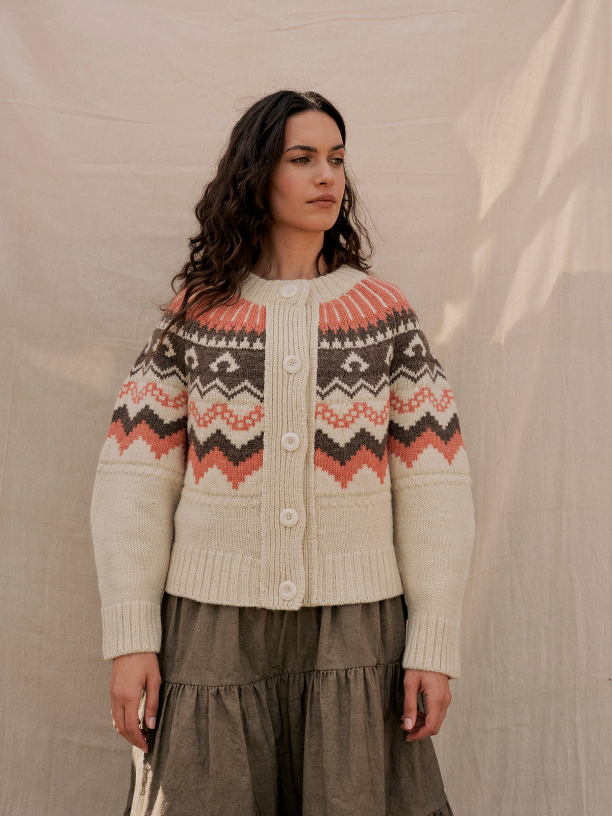 Fleetwood Cardigan in Ecru with Shrimp & Loam