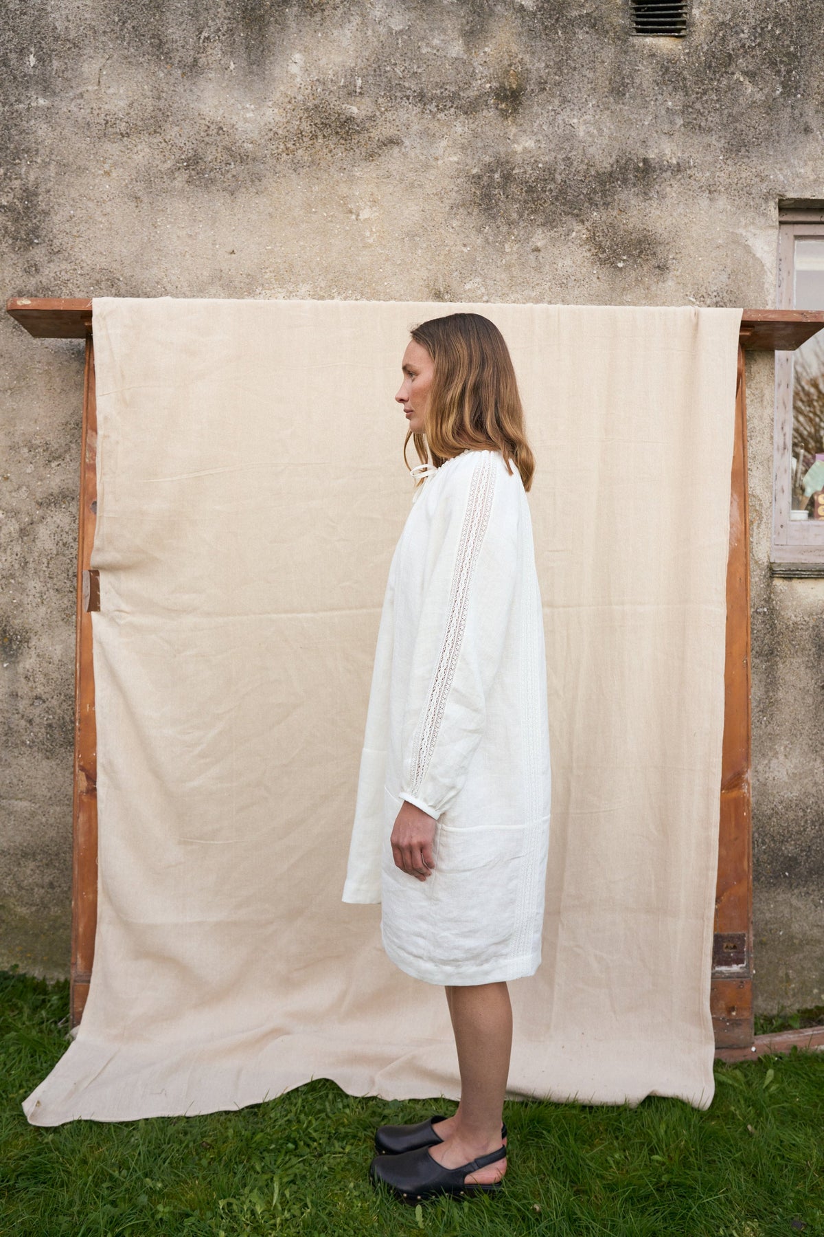 Bramley Dress in Pearl Linen & English Lace