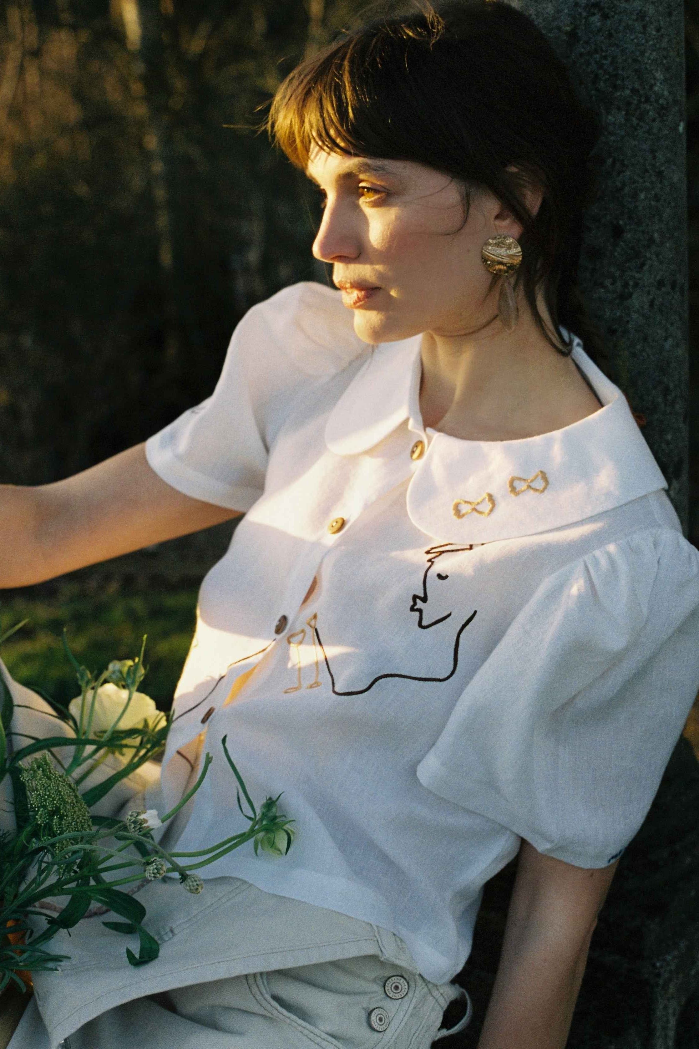 Eat Together Embroidered Frances Linen Blouse - White  x Sshepaints - Made to Order