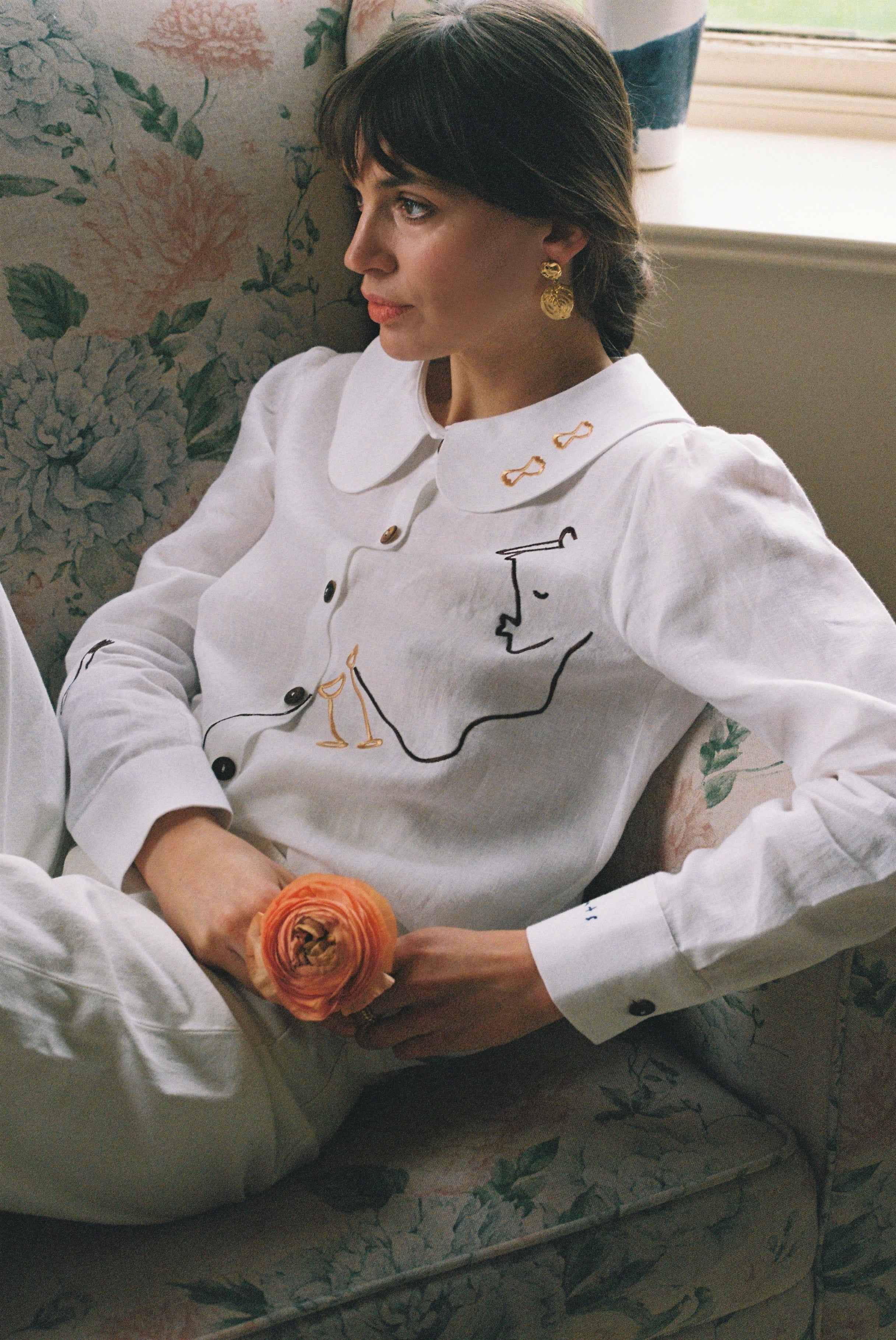 Eat Together Embroidered Claudine Linen Blouse - White  x Sshepaints