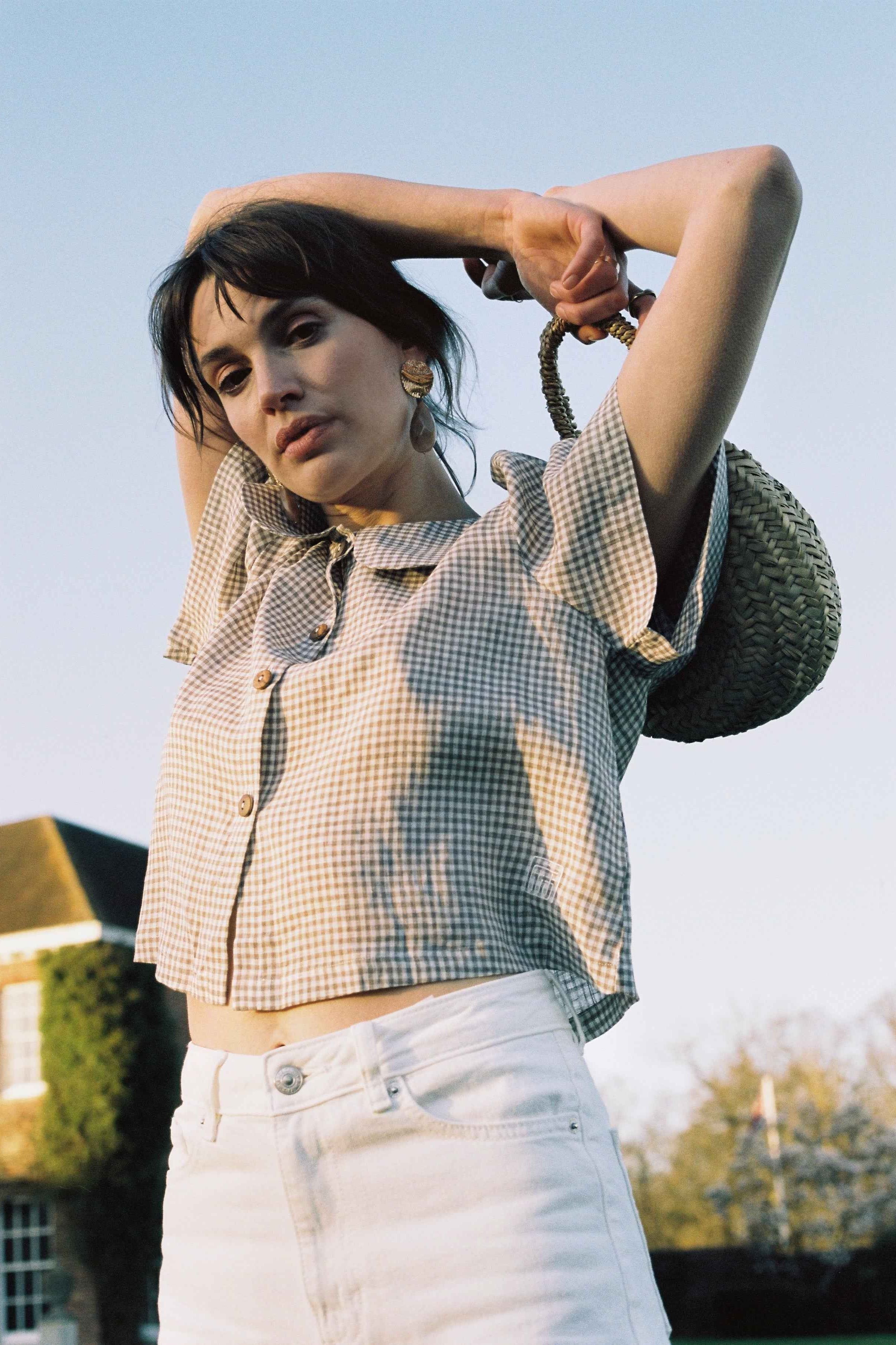 Frances Linen Cropped Blouse  - Fawn Gingham