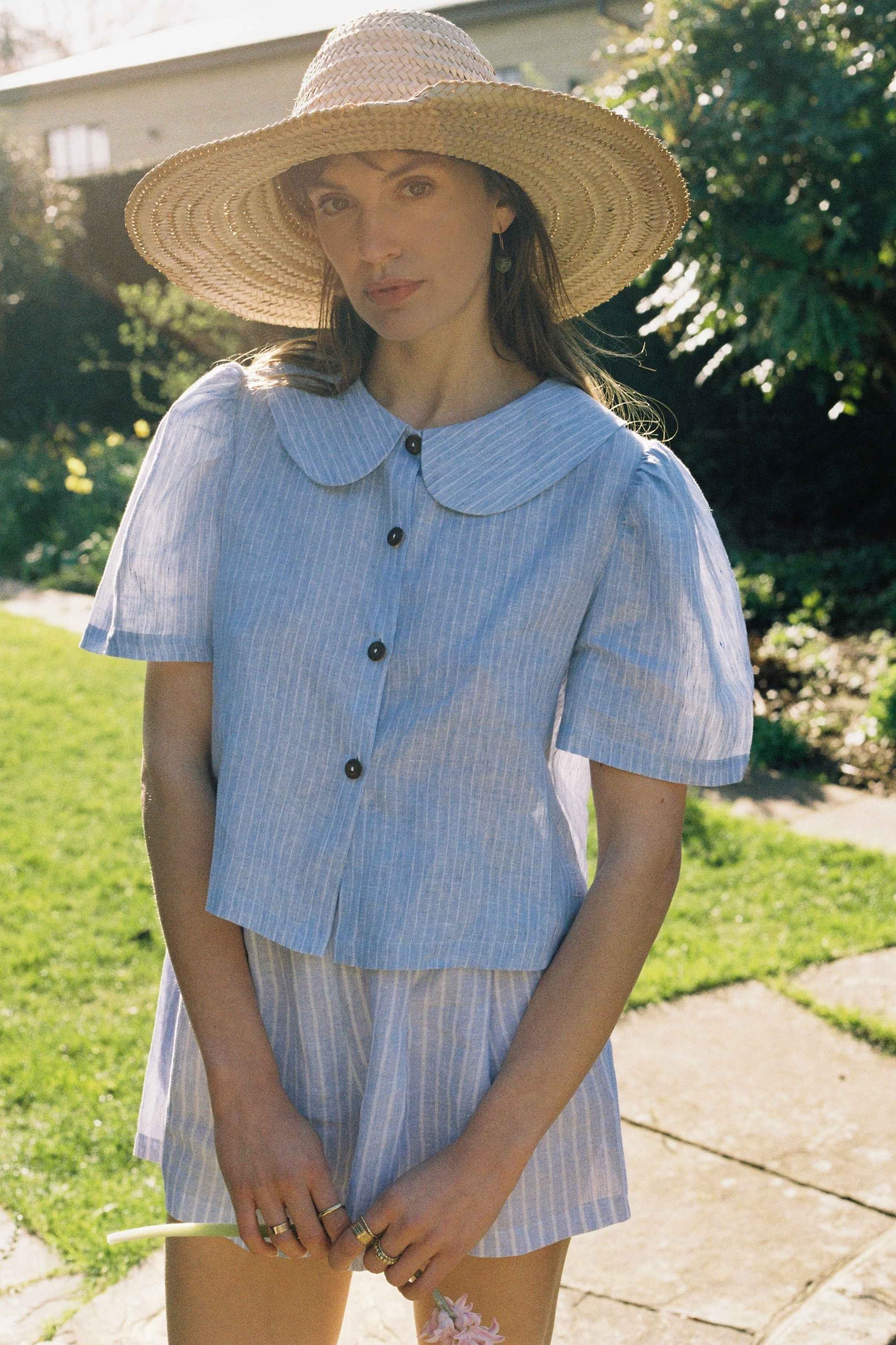Frances Linen Cropped Blouse  - Sky Blue Stripe