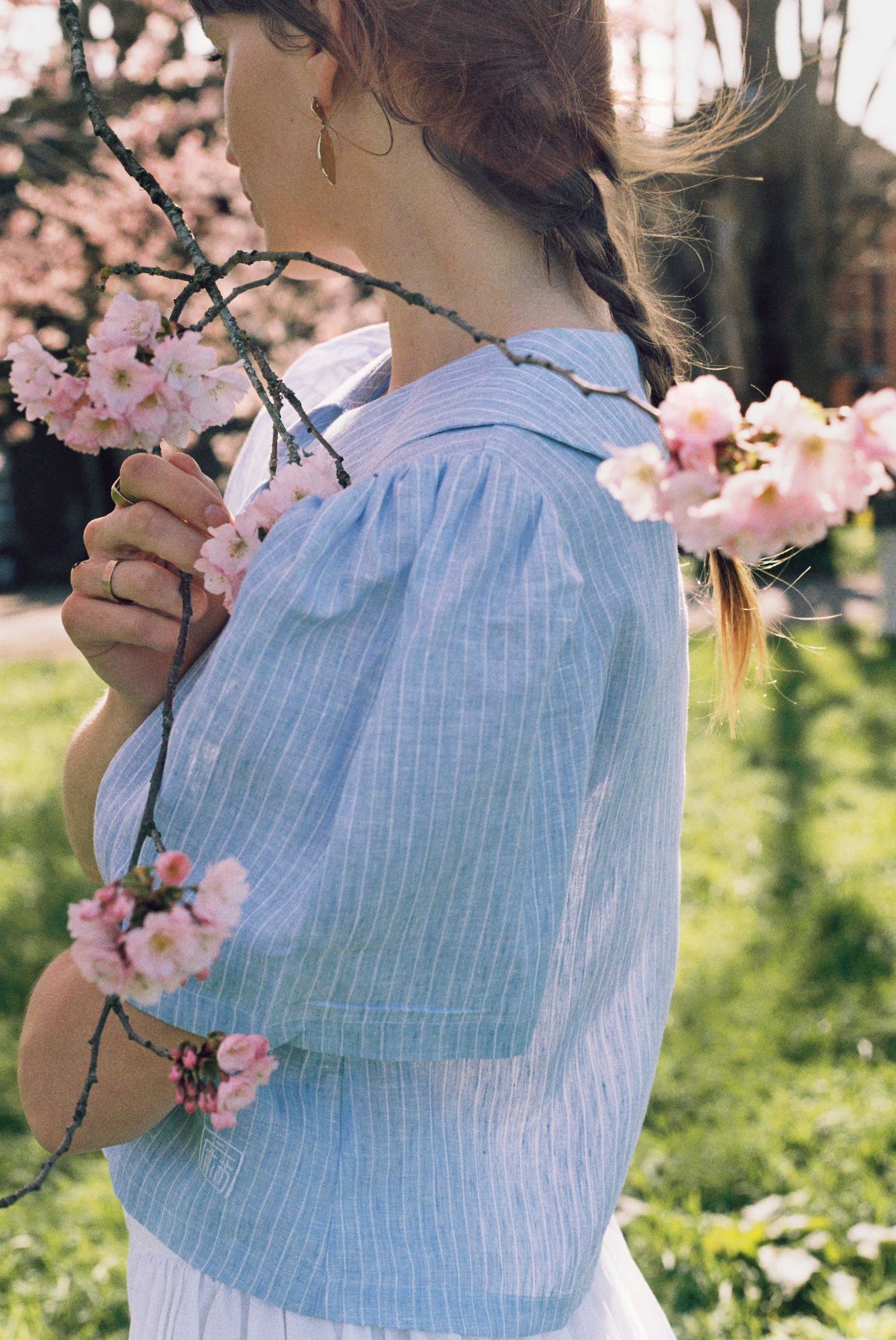 Frances Linen Cropped Blouse  - Sky Blue Stripe