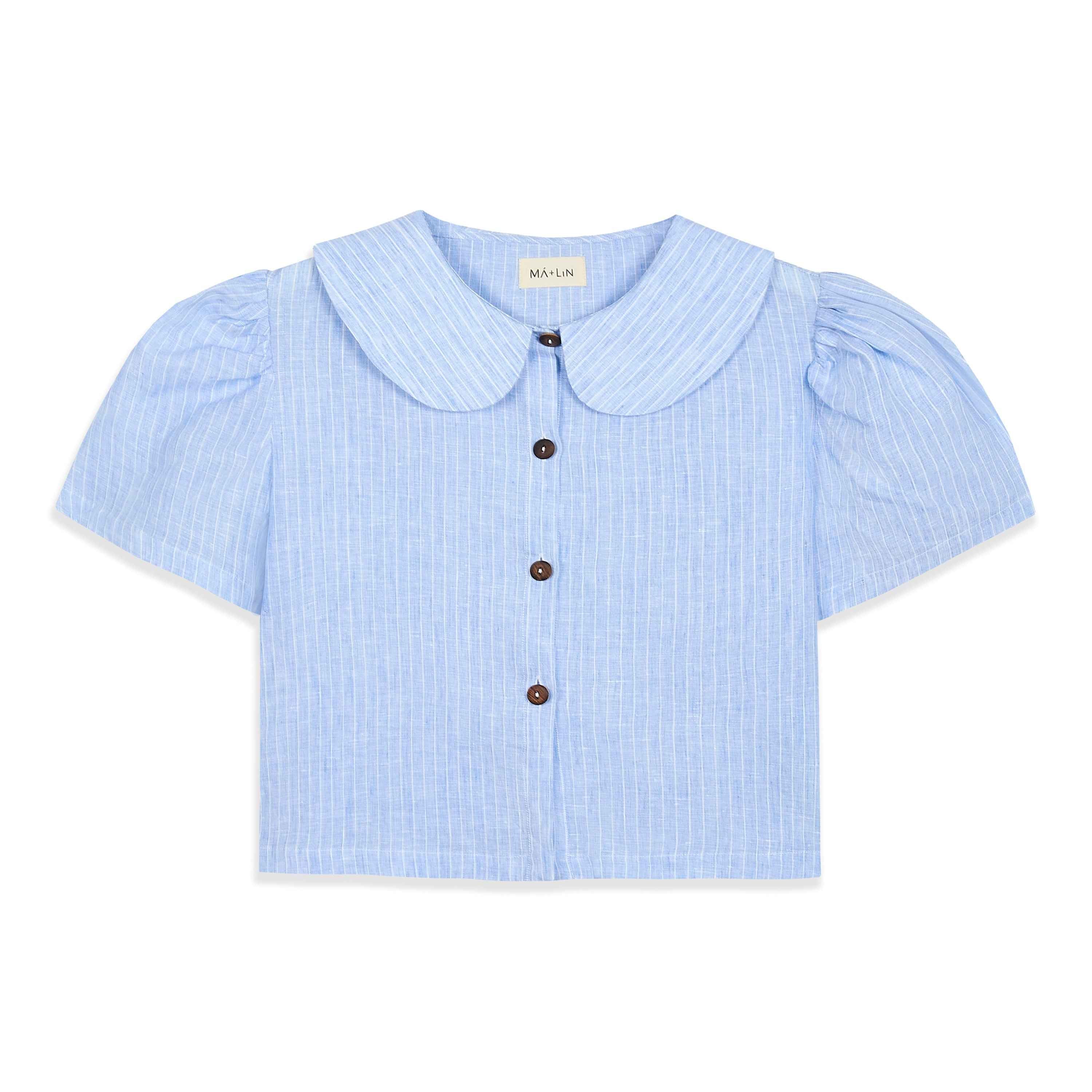 Frances Linen Cropped Blouse  - Sky Blue Stripe