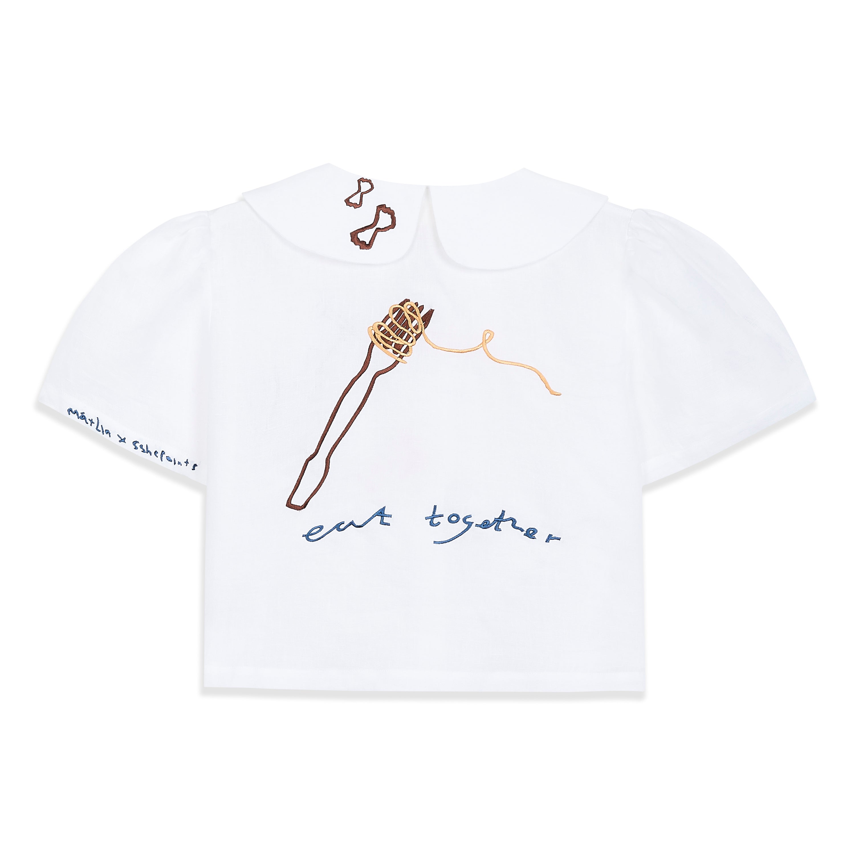 Eat Together Embroidered Frances Linen Blouse - White  x Sshepaints - Made to Order