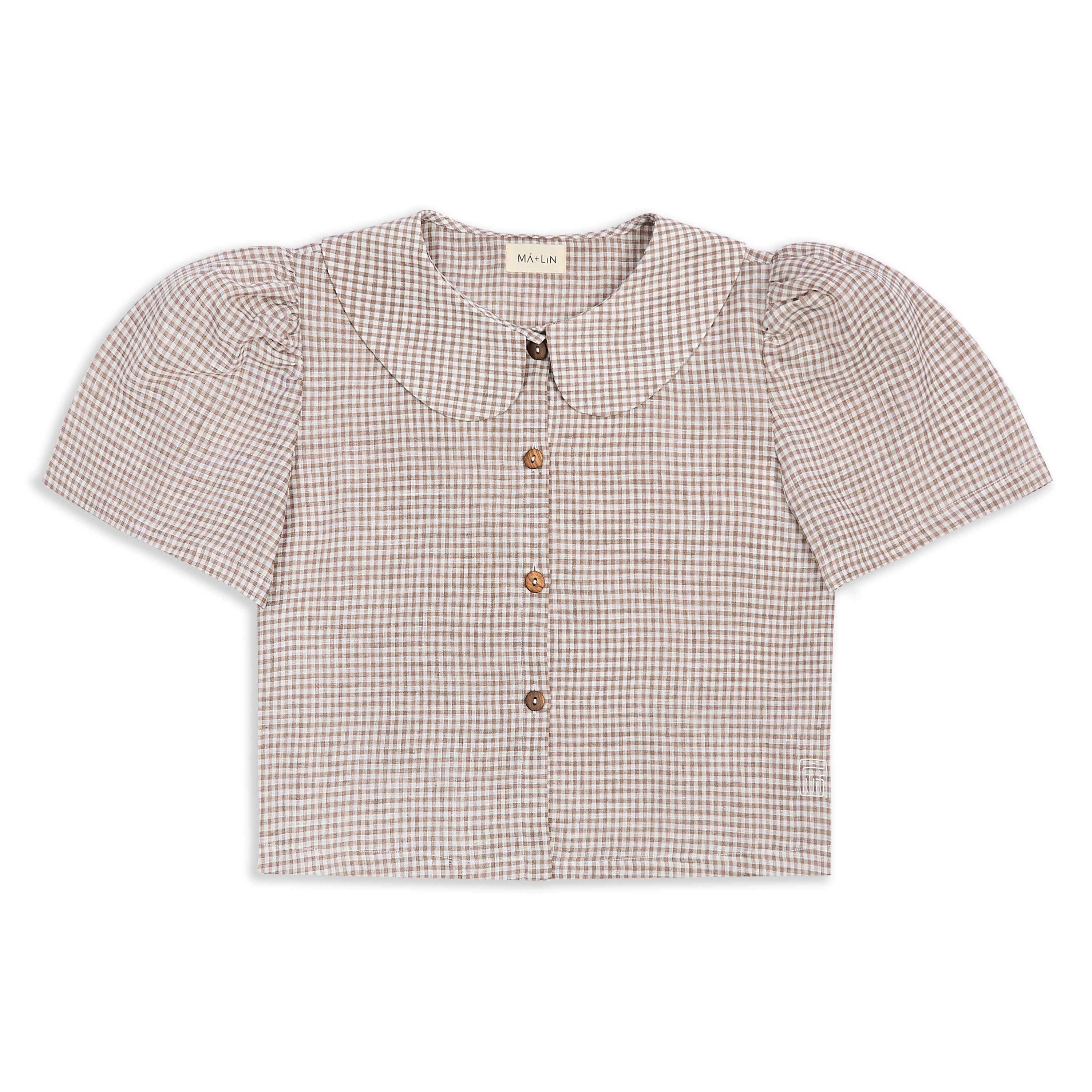 Frances Linen Cropped Blouse  - Fawn Gingham