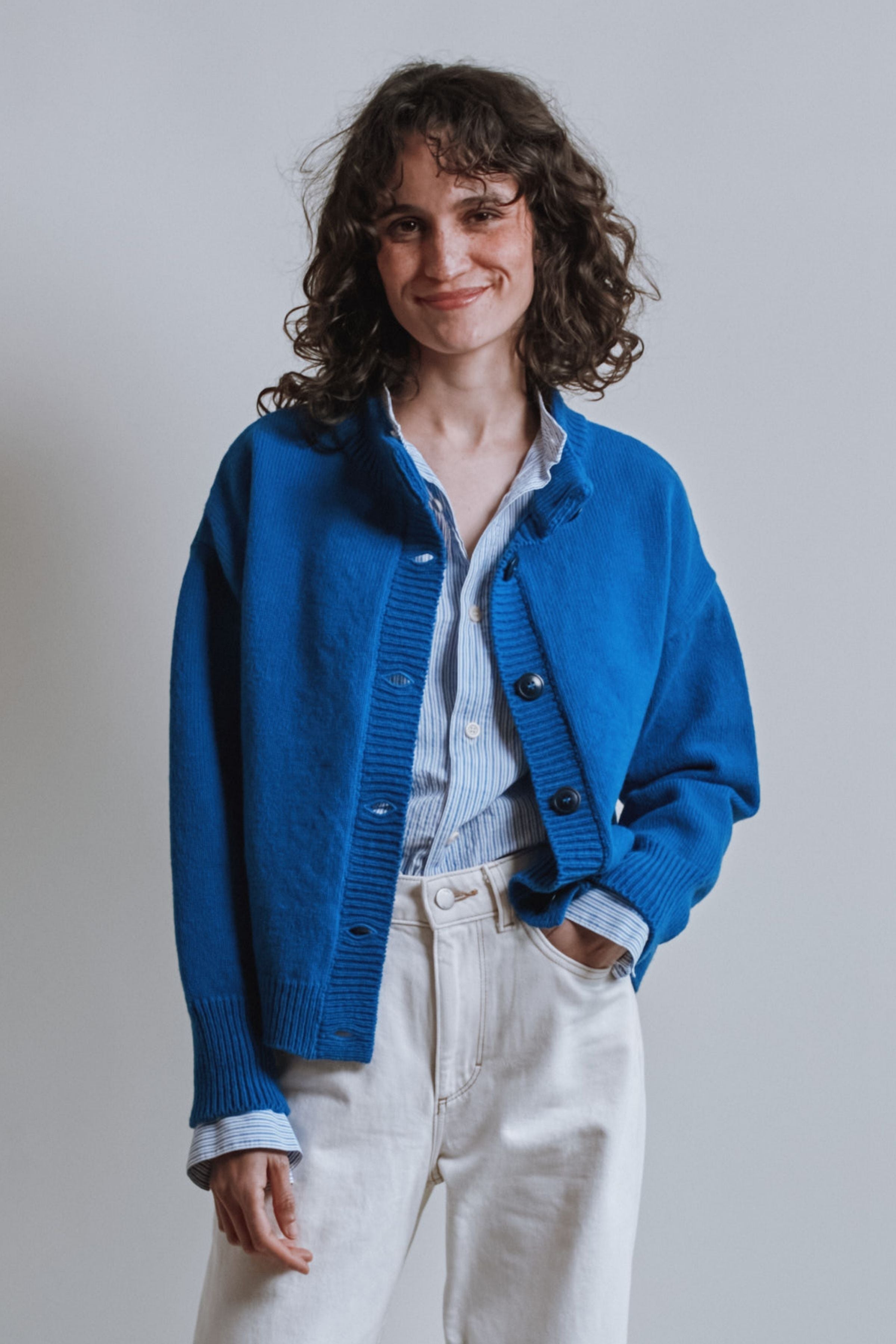 SANDRA Funnel-Neck Cardigan in Merino Wool - Cobalt Blue
