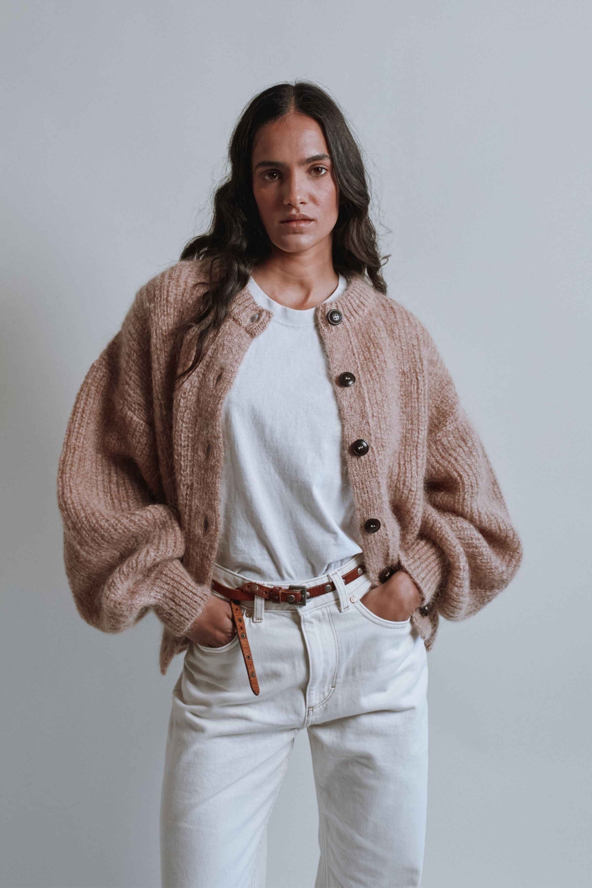 DIANA Balloon-Sleeve Cardigan in Mohair Wool - Light Pink