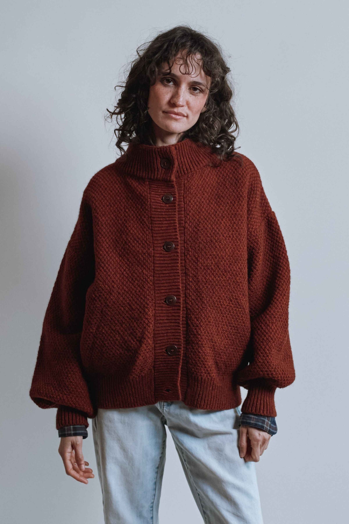 GEORGE High-Neck Jacket in Yak-Merino Wool - Rust Red