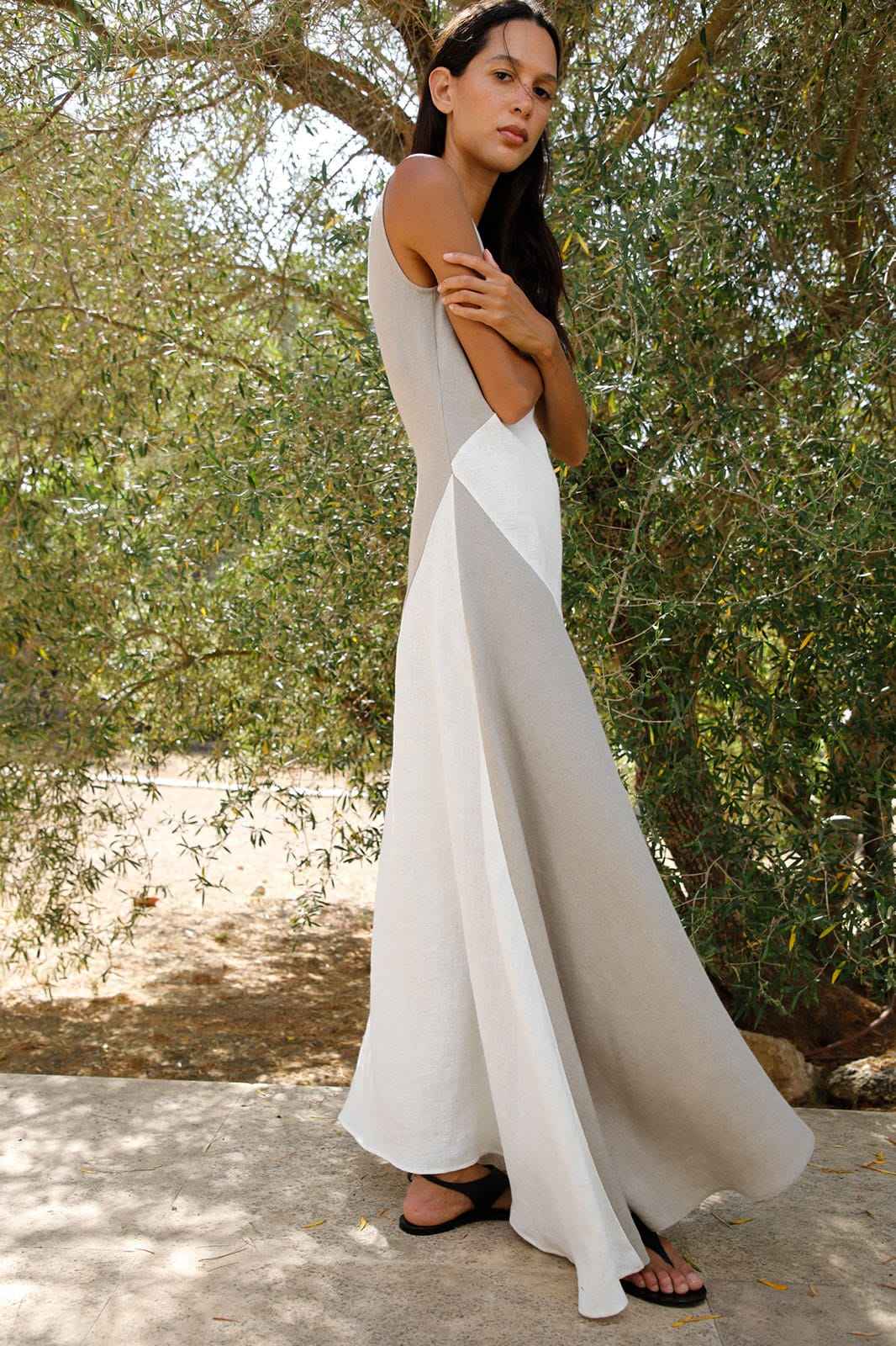The Athena Maxi Dress in oatmeal and off-white